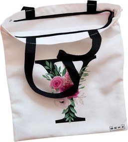 Sacosa de Panza pentru Cumparaturi, Geanta Tote, Cu litera Y si Trandafiri, Cu fermoar, 38x34.5 cm, Alba, BEKZ®