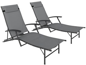 Outsunny Set de 2 Șezlonguri Pliante, Ajustabile în 4 Poziții cu Cotiere și Perne, 64x154x87 cm, Gri | Aosom Romania