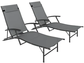 Outsunny Set de 2 Șezlonguri Pliante, Ajustabile în 4 Poziții cu Cotiere și Perne, 64x154x87 cm, Gri | Aosom Romania