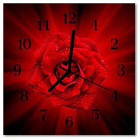 Ceas de perete din sticla pătrat Rose Flori &amp; Plante Red