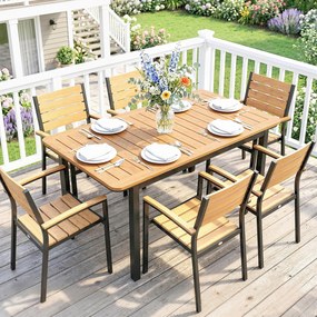 Outsunny Masă de Grădină pentru 6 Persoane, 127 x 70 cm, Masă de Exterior cu Blat cu Lamele din Lemn Plastic, Cadru Metalic | Aosom Romania