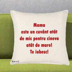 Cadou pentru Mama - Perna Personalizata Mama Cuvant Mic, 40x40 cm, Crem Reliefat, Husa Detasabila, Perna Inclusa, BEKZ®