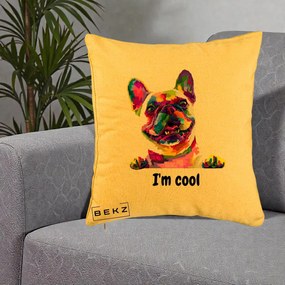 Perna Personalizata Bulldog Francez I'm Cool, 40x40 cm, Galben, Husa Detasabila, Perna Inclusa, BEKZ®