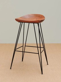 Scaun de bar din lemn de acacia și metal, maro, în stil industrial, cu șezut scobit și picioare tip ac de păr, 80 x 46 x 40 cm, „Mauru”