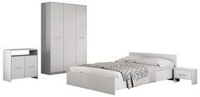 Dormitor Luiza 3U5P, culoare alb, cu pat standard 140 x 200 cm, dulap cu 3 usi, comoda si 2 noptiere