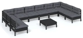 3097197 vidaXL Set mobilier grădină cu perne, 11 piese, negru, lemn masiv pin