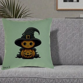 Perna Decorativa Halloween Dovleac Vrajitor Kawaii, 40x40 cm, Verde, Husa Detasabila, Perna Inclusa, BEKZ®