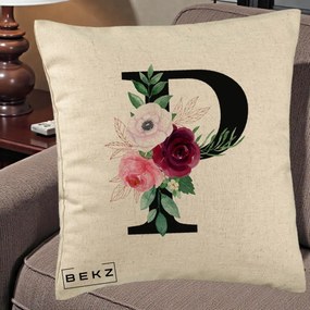 Cadou Personalizat - Perna Personalizata Monograma Florala Litera P, 40x40 cm, Bej, Husa Detasabila, Perna Inclusa, BEKZ®