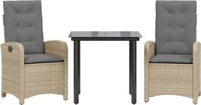 vidaXL Set de masă pentru grădină, 3 piese, cu perne, bej, poliratan