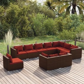 Set mobilier de gradina cu perne, 10 piese, maro, poliratan maro si rosu, 5x colt + 5x mijloc, 1