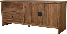 Comodă TV living din lemn reciclat, natur, cu 2 uși, 2 sertare și mâner rotund din metal negru, 65 x 156 x 44 cm, „Haven”