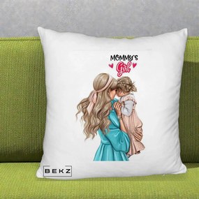 Cadou pentru Mama - Perna Personalizata Mommy's Girl Mama si Fetita, 40x40 cm, Alb Pufos, Husa Detasabila, Perna Inclusa, BEKZ®
