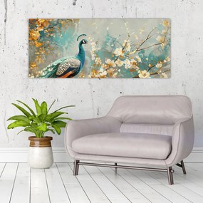Tablou - Păun cu decor de aur (120x50 cm)