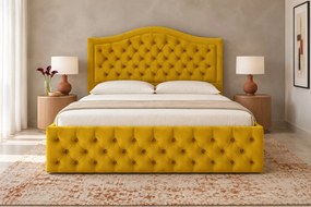 Pat tapițat Chesterfield din catifea Solaria Deluxe 160×200 cm, galben muștar, cu ladă de depozitare