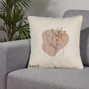 Perna Decorativa Femeie cu Flori Line Art Boho, 40x40 cm, Bej Canapea, Husa Detasabila, Perna Inclusa, BEKZ®