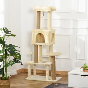 PawHut Ansamblu de joacă pentru Pisici Înalt 136 cm cu Căsuță Detașabilă, Căsuță și Pătuț, Stâlpi din Iută, Bej | Aosom Romania