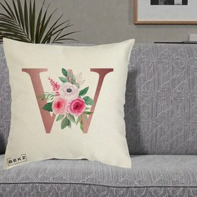 Cadou Personalizat - Perna Personalizata Monograma Rose Gold Litera W cu Trandafiri si Anemona, 40x40 cm, Ecru, Husa Detasabila, Perna Inclusa, BEKZ®