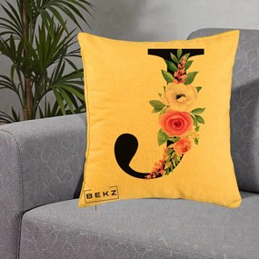 Cadou Personalizat - Perna Personalizata Monograma Florala Litera J, 40x40 cm, Galben, Husa Detasabila, Perna Inclusa, BEKZ®
