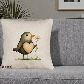 Perna Decorativa Pasare cu Inima si Margareta, 40x40 cm, Bej Canapea, Husa Detasabila, Perna Inclusa, BEKZ®