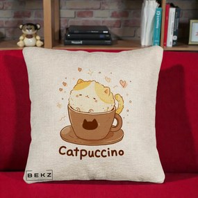 Perna Decorativa Catpuccino Pisica Cappuccino, 40x40 cm, Bej Canapea, Husa Detasabila, Perna Inclusa, BEKZ®