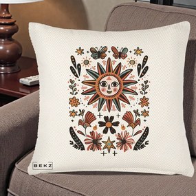 Perna Decorativa Soare Boho Folk Fluturi, 40x40 cm, Crem Reliefat, Husa Detasabila, Perna Inclusa, BEKZ®