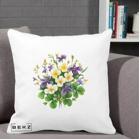 Perna Decorativa Viorele Iris Violet si Trifoi, 40x40 cm, Alba Mata, Husa Detasabila, Perna Inclusa, BEKZ®