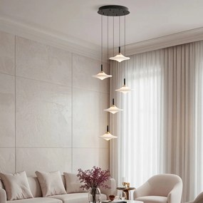 Lustra cu 5 pendule LED alama aurie si sticla alba, DIAZ