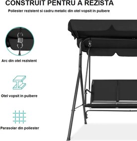 Balansoar de grădină, 3 locuri, cu baldachin și cadru din oțel, Negru