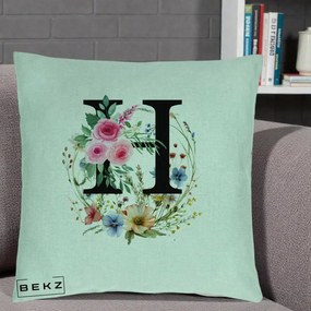 Cadou Personalizat - Perna Personalizata Monogram Litera H cu Flori Acuarela, 40x40 cm, Verde Menta, Husa Detasabila, Perna Inclusa, BEKZ®