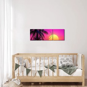 Tablou - Apus violet cu palmier (cu ceas) (90x30 cm)