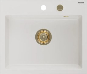Mexen Oscar chiuvetă de granit cu 1 compartiment 580 x 490 mm, albă, sifon auriu - 6519581000-20-G