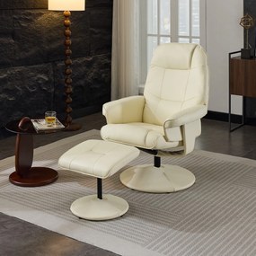 Fotoliu de masaj cu funcție de înclinare, fotoliu de relaxare din material PU, rotație de 360°, încălzire & taburet, 75x79,5x107 cm, Bej