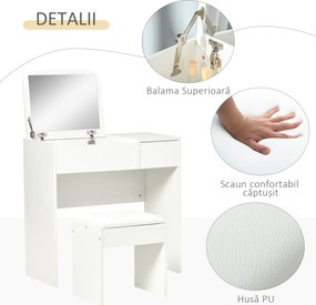 HOMCOM Set Mobilier pentru Toaletă cu Oglindă, Taburet și Sertar, Design Elegant, Masa Consola Alb | Aosom Romania