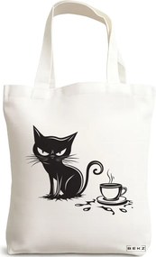 Sacosa de Panza pentru Cumparaturi, Geanta Tote, model Purrfectly Brewed 38 x 34.5 cm, Alba, BEKZ®