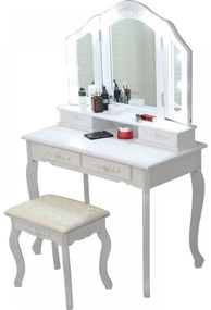 RESIGILAT- Set Anastasia, masă de toaletă cu 3 oglinzi iluminate LED, control touch, 4 sertare, scaun, Alb