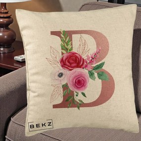 Cadou Personalizat - Perna Personalizata Monograma Rose Gold Litera B, 40x40 cm, Bej, Husa Detasabila, Perna Inclusa, BEKZ®