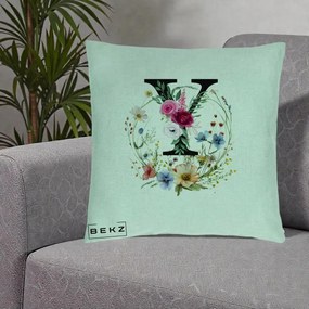 Cadou Personalizat - Perna Personalizata Monograma Florala Litera Y cu Coroana, 40x40 cm, Verde Menta, Husa Detasabila, Perna Inclusa, BEKZ®