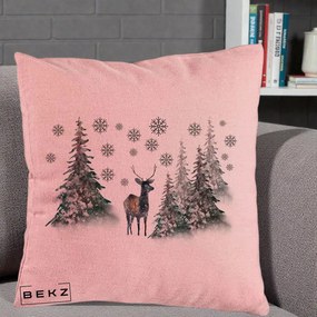 Perna Decorativa Ren in Padure Inzapezita, 40x40 cm, Roz, Husa Detasabila, Perna Inclusa, BEKZ®