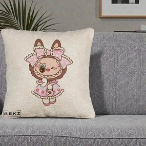 Perna Personalizata Labubu Lolita Roz cu Dantela, 40x40 cm, Bej Canapea, Husa Detasabila, Perna Inclusa, BEKZ®