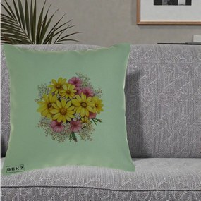 Perna Decorativa Floarea-Soarelui cu Cosmos Roz si Gypsophila, 40x40 cm, Verde, Husa Detasabila, Perna Inclusa, BEKZ®