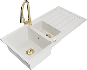 Mexen Andres chiuvetă de granit cu 1,5 compartimente cu scurgător și baterie de bucătărie Elia, albă - 6515-20-670101-50