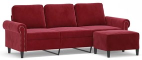 Canapea cu 3 locuri si taburet, rosu vin, 180 cm, catifea Bordo, 212 x 77 x 80 cm