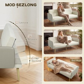 HOMCOM Canapea Extensibilă 3 Locuri Convertibilă cu Cotiere din PU, Colțar Reclinabil Clic Clac în Catifea cu Picioare Metalice și Cadru din Lemn, pentru Living sau Dormitor, 185x84x83 cm, Bej | Aosom Romania