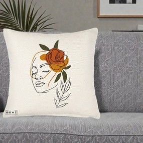 Perna Decorativa Portret Feminin Trandafir Ruginiu, 40x40 cm, Crem Reliefat, Husa Detasabila, Perna Inclusa, BEKZ®