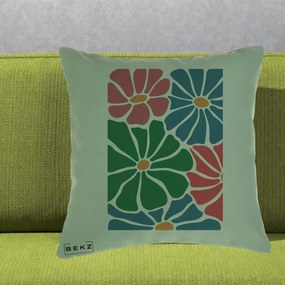 Perna Decorativa Flori Grafice Verde-Roz-Albastru, 40x40 cm, Verde, Husa Detasabila, Perna Inclusa, BEKZ®