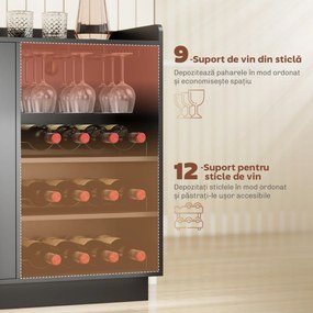 HOMCOM Dulap Port-Sticle cu Lumini LED RGB și Suport pentru 12 Sticle, Dulap pentru Vinuri cu Raft Reglabil și Uși cu Închidere Lentă din Sticlă pentru Casă, Bucătărie și Sufragerie, Negru | Aosom Romania