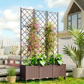 Outsunny Jardinieră Înălțată cu Grilaj 130L, Pat pentru Grădină Înălțat de Exterior cu Roți Blocabile, Sistem de Autoirigare, Găuri de Drenaj pentru Plante Cățărătoare, Legume, Flori, Maro | Aosom Romania