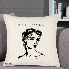Perna Decorativa Art Lover Portret Grafic, 40x40 cm, Crem Reliefat, Husa Detasabila, Perna Inclusa, BEKZ®