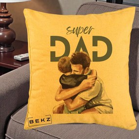 Cadou pentru Tata - Perna Personalizata Super Dad Tata si Fiu Imbratisare, 40x40 cm, Galben, Husa Detasabila, Perna Inclusa, BEKZ®