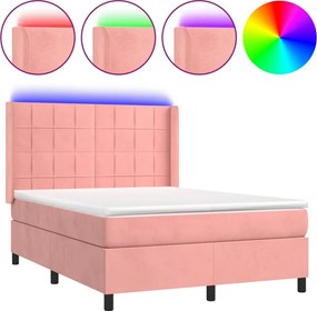 vidaXL Pat cu arcuri, cu saltea și LED, roz, 140x190 cm catifea